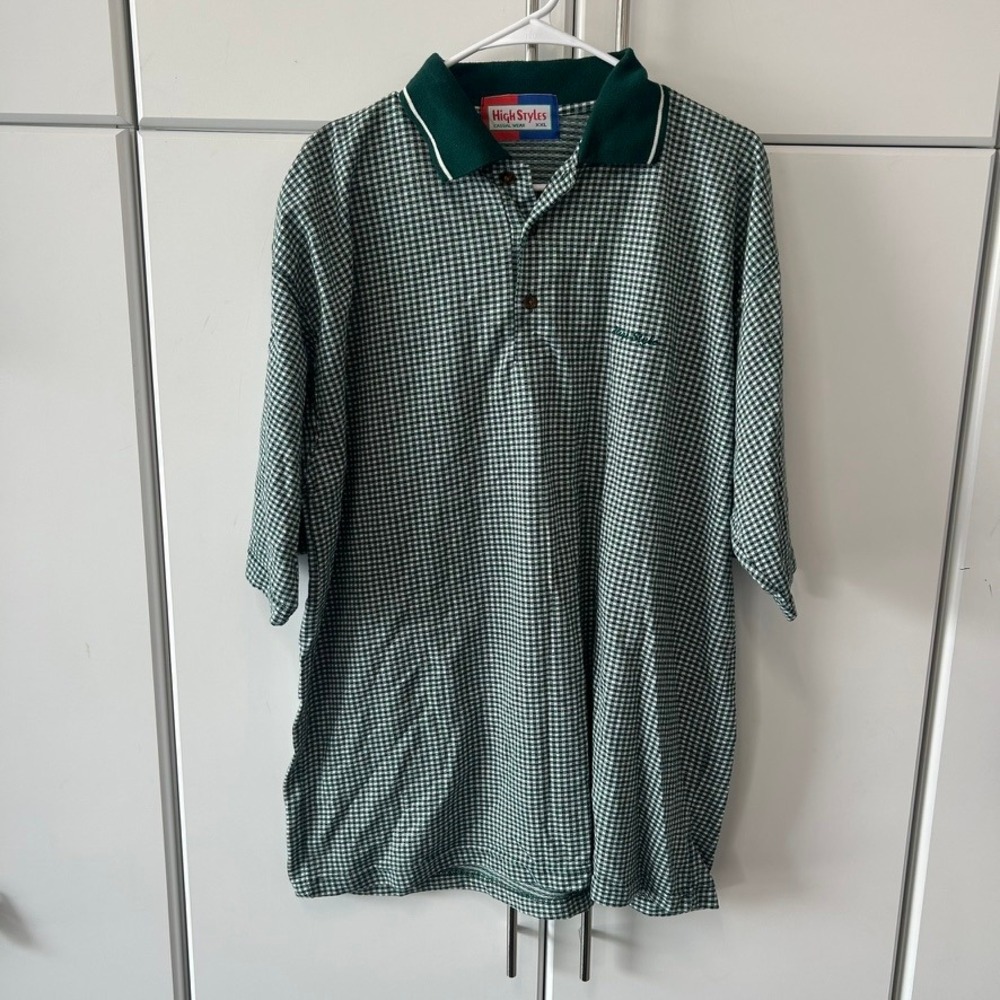 High Styles Casual Wear Mens XXL‎ Green Gingham Check Polo Shirt Short Sleeve